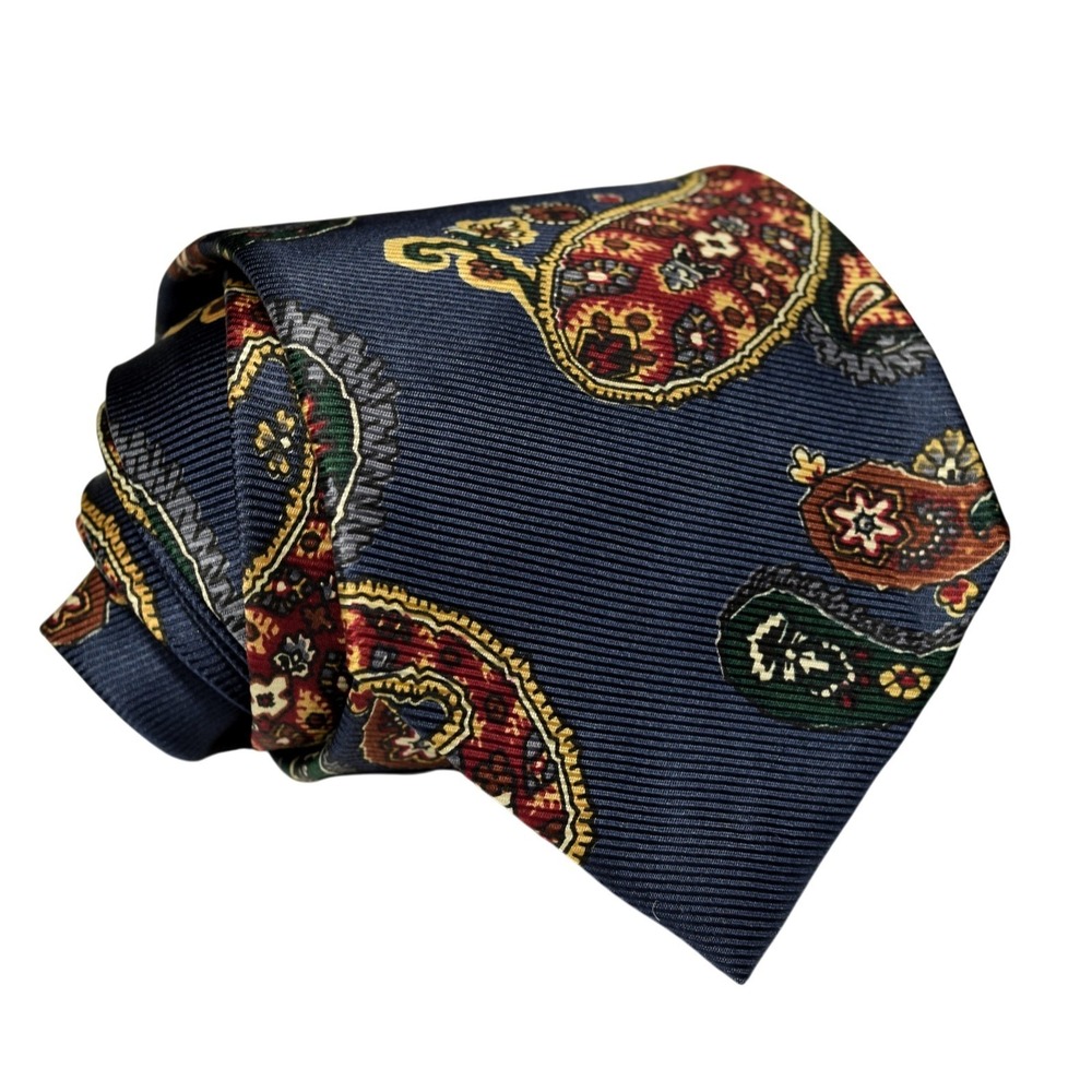 Ferrell Reed Nordstrom Navy Blue Red Paisley Hand Printed England Silk Necktie
